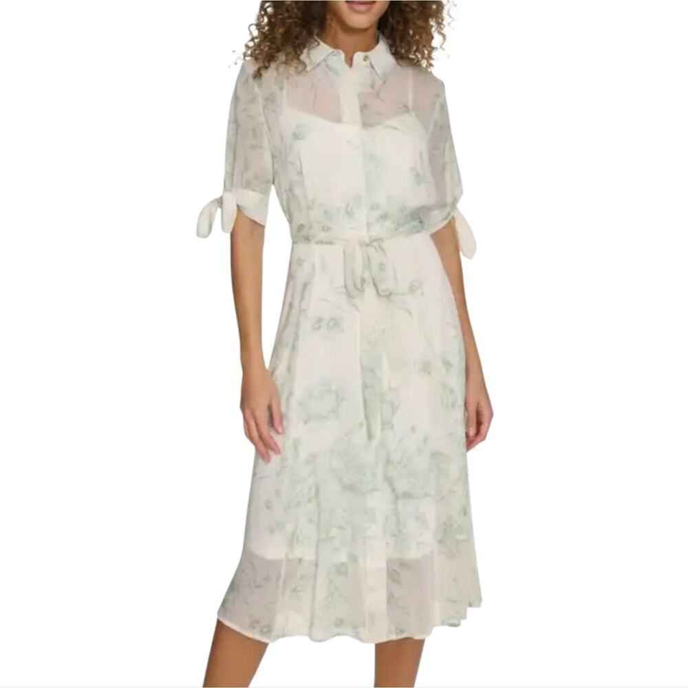 Calvin Klein Elegant Floral Green White Midi Feminine Dress Size 10 New